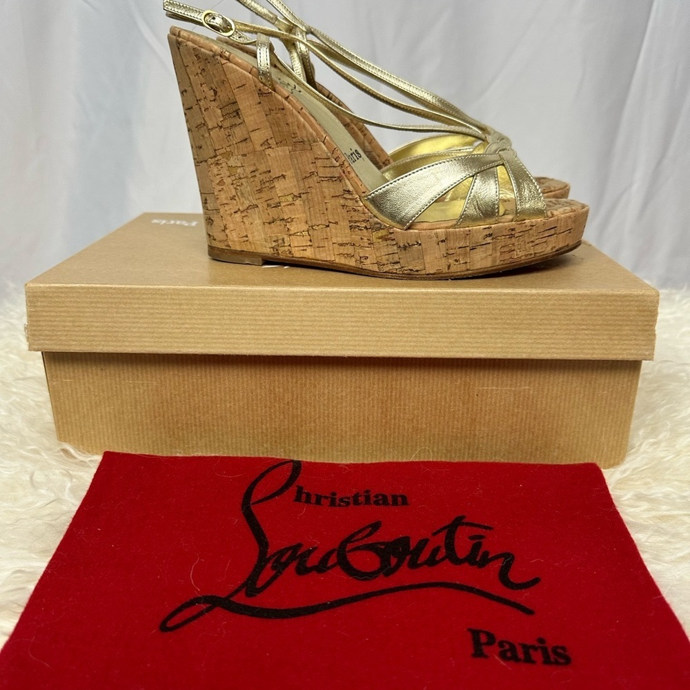 Christian Louboutin Lady Zeppa Gold Nappa Cork Wedge Sandals